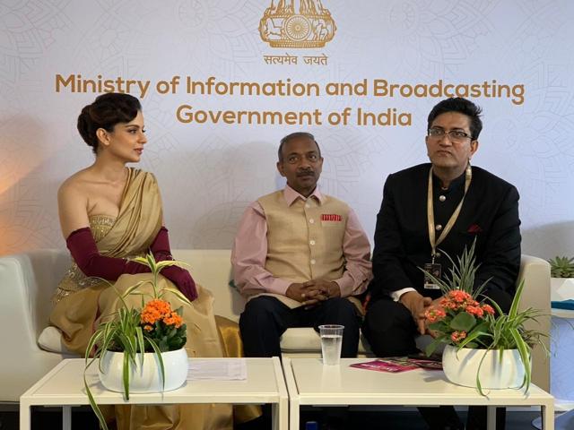 Kangana Ranaut, Ministry of Information and Broadcasting Secretary Amit Khare and Central Board of Film Certification (CBFC) Chairman Prasoon Joshi at Cannes Film Festival 2019 at Cannes in France. (IANS) Kangana Ranaut, Ministry of Information and Broadcasting Secretary Amit Khare and Central Board of Film Certification (CBFC) Chairman Prasoon Joshi at Cannes Film Festival 2019 at Cannes in France. (IANS)