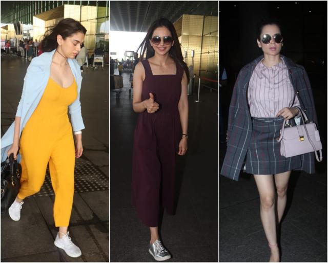 Aditi Rao Hydari, Rakul Preet Singh and Kangana Ranaut at the airport. (Varinder Chawla) Aditi Rao Hydari, Rakul Preet Singh and Kangana Ranaut at the airport. (Varinder Chawla)