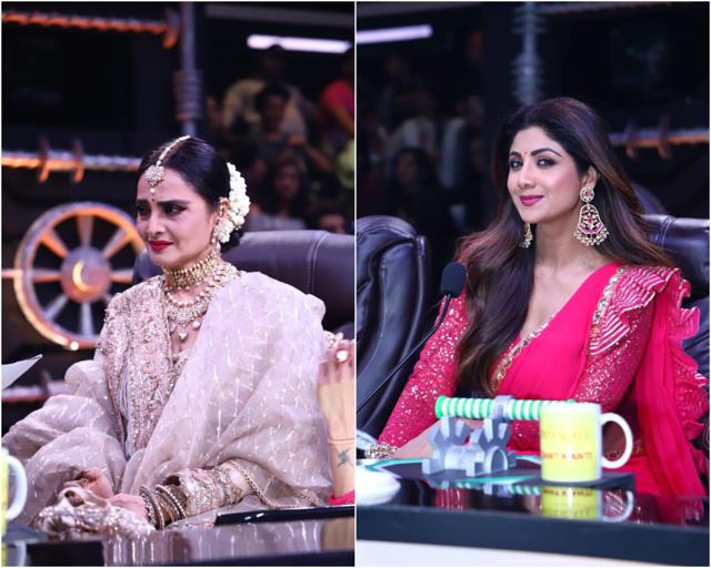 Rekha and Shilpa Shetty on the sets of Super Dancer. (Varinder Chawla) Rekha and Shilpa Shetty on the sets of Super Dancer. (Varinder Chawla)