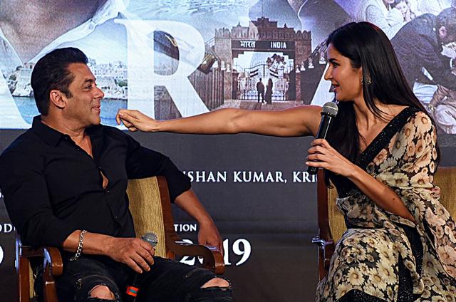 Indian Bollywood actor Salman Khan (L) and actor Katrina Kaif (R) interact with each other during the launch of their upcoming film Bharat in Mumbai. (AFP) Indian Bollywood actor Salman Khan (L) and actor Katrina Kaif (R) interact with each other during the launch of their upcoming film Bharat in Mumbai. (AFP)