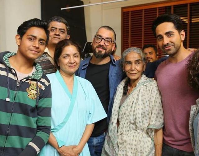 Neena Gupta with her co-stars on the sets of Badhaai Ho.