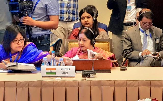 External Affairs Minister Sushma Swaraj delivers her statement at Shanghai Cooperation Organisation (SCO) Council of Foreign Ministers in Bishkek, Kyrgyzstan. (PTI) External Affairs Minister Sushma Swaraj delivers her statement at Shanghai Cooperation Organisation (SCO) Council of Foreign Ministers in Bishkek, Kyrgyzstan. (PTI)