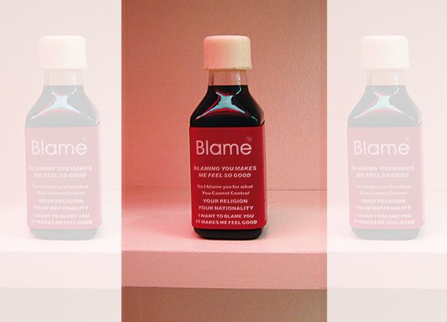 Blame is an interactive installation with Blame bottles, which contains simulated blood (Photo courtesy: The Artist & Yvon Lambert Gallerie Paris) Blame is an interactive installation with Blame bottles, which contains simulated blood (Photo courtesy: The Artist & Yvon Lambert Gallerie Paris)