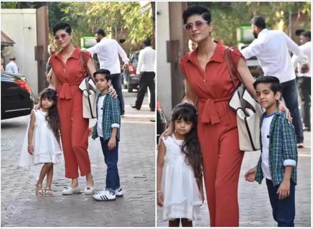 Tahira Kashyap and her kids arrive for Viaan’s birthday party. (Varinder Chawla)