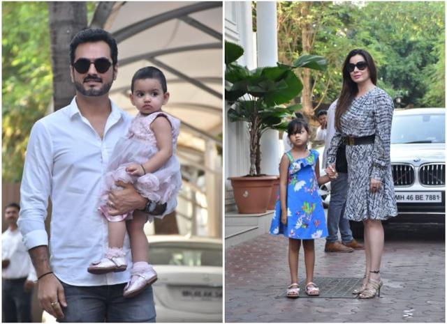 Bharat Takhtani and Neelam arrive for Viaan’s birthday party with their kids. (Varinder Chawla)