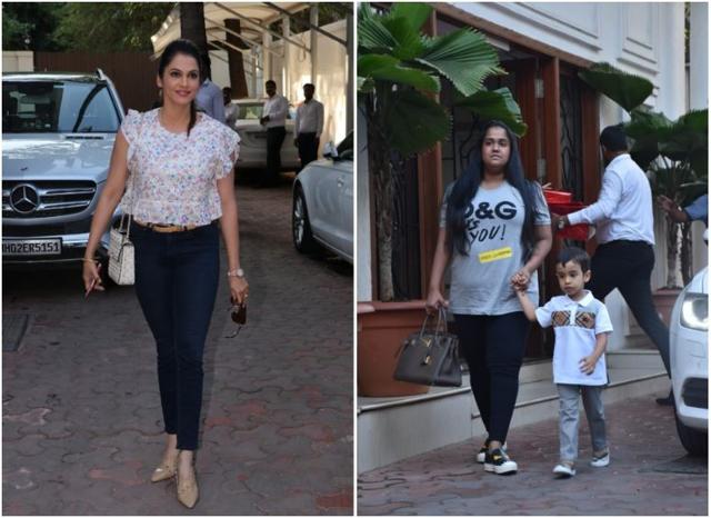 Isha Koppikar and Arpita Khan Sharma with son Ahil arrive for Viaan’s birthday party. (Varinder Chawla)