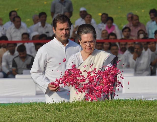 UPA chairperson Sonia Gandhi along with Congress president Rahul Gandhi pays tribute to the first Prime Minister of India, the late Jawaharlal Nehru, on the anniversary of his death at his memorial Shanti Van. (Raj K Raj/HT Photo) UPA chairperson Sonia Gandhi along with Congress president Rahul Gandhi pays tribute to the first Prime Minister of India, the late Jawaharlal Nehru, on the anniversary of his death at his memorial Shanti Van. (Raj K Raj/HT Photo)