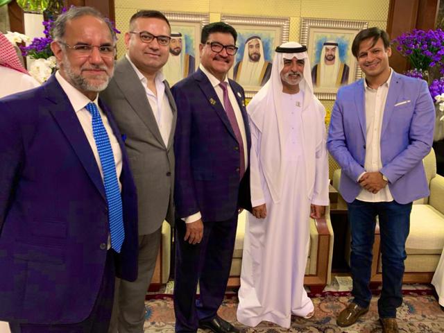 Anshuman Mishra (second from left ) with Sheikh Nahyan and Vivek Oberoi along with other guests Anshuman Mishra (second from left ) with Sheikh Nahyan and Vivek Oberoi along with other guests