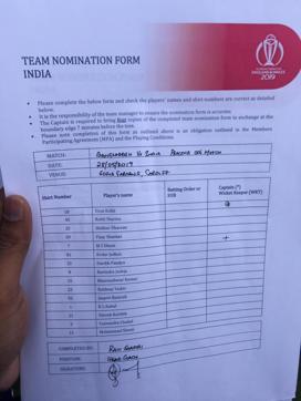 India’s team sheet for the warm-up match against Bangladesh at Cardiff. India’s team sheet for the warm-up match against Bangladesh at Cardiff.