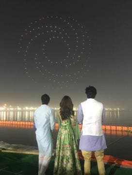 Actors Alia Bhatt and Ranbir Kapoor with director Ayan Mukerji at the launch of their upcoming film logo Brahmastra at Sangam. (IANS) (IANS) Actors Alia Bhatt and Ranbir Kapoor with director Ayan Mukerji at the launch of their upcoming film logo Brahmastra at Sangam. (IANS) (IANS)