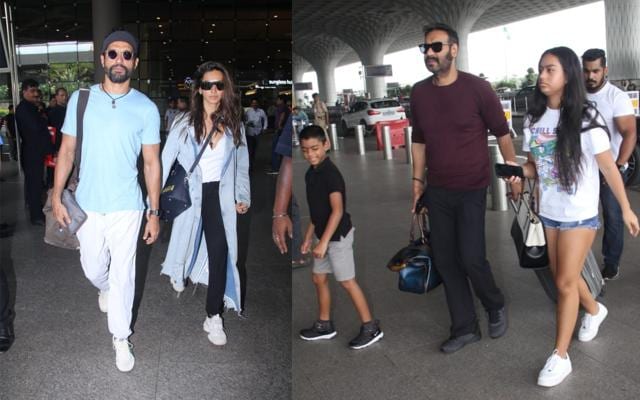 Farhan Akhtar with Shibani Dandekar, Ajay Devgn with son Yug and daughter Nysa at Mumbai airport. (Varinder Chawla) Farhan Akhtar with Shibani Dandekar, Ajay Devgn with son Yug and daughter Nysa at Mumbai airport. (Varinder Chawla)