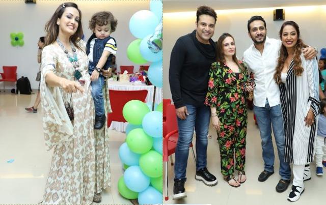 Nisha Rawal with son (left) and Krushna and Kashmera with the guests (right). (Varinder Chawla)