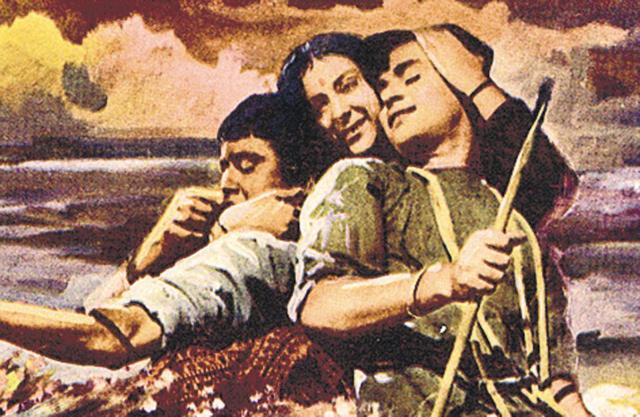Sunil Dutt, Nargis and Rajendra Kumar a poster from Mother India (1957). Sunil Dutt, Nargis and Rajendra Kumar a poster from Mother India (1957).