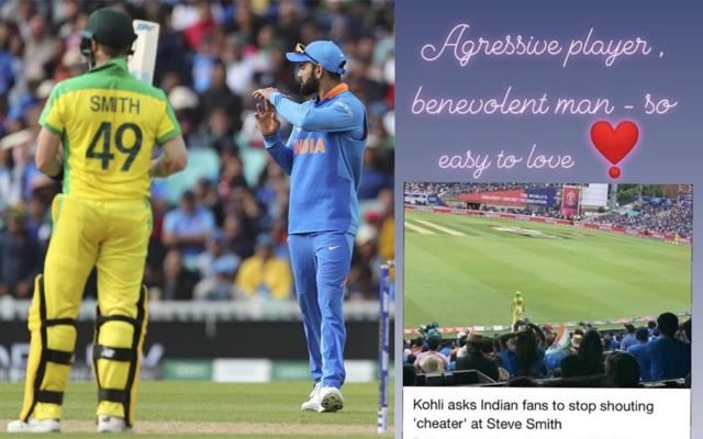 India’s captain Virat Kohli, right, and Australia’s Steve Smith, left, during the Cricket World Cup match between Australia and India at The Oval in London (left). Anushka Sharma’s reaction to Virat Kohli’s gesture for Steve Smith. (AP) India’s captain Virat Kohli, right, and Australia’s Steve Smith, left, during the Cricket World Cup match between Australia and India at The Oval in London (left). Anushka Sharma’s reaction to Virat Kohli’s gesture for Steve Smith. (AP)