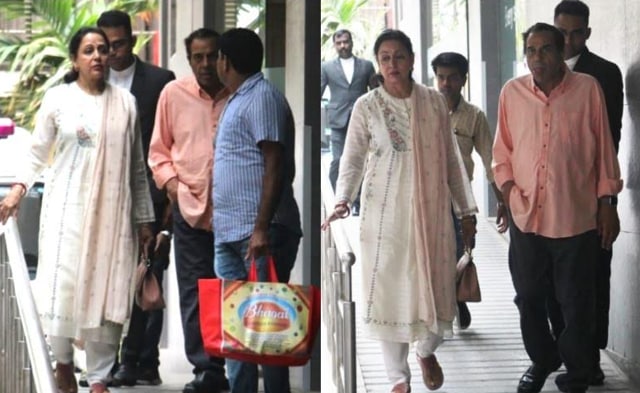 Hema Malini and Dharmendra visit newborn granddaughter Miraya.