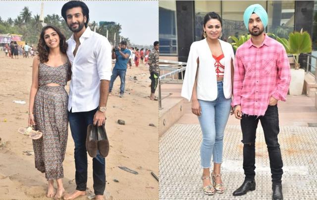 Sharmin Segal and Meezaan promote Malaal (left), Neeru Bajwa and Diljit Dosanjh promote Shadaa (right). (Varinder Chawla)