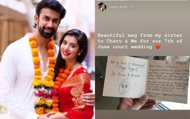 Rajeev Sen with wife Charu Asopa and Sushmita’s note. Rajeev Sen with wife Charu Asopa and Sushmita’s note.