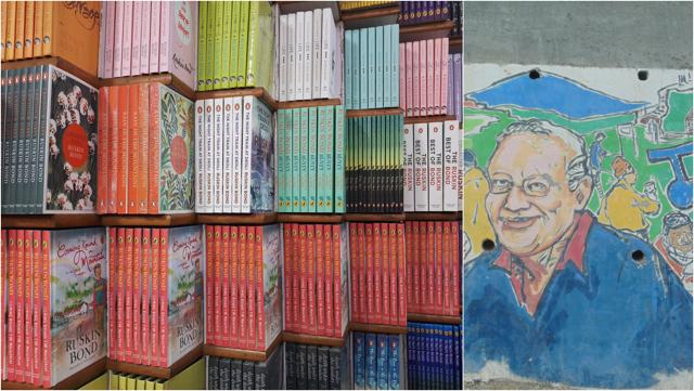 L-R: The Ruskin Bond ‘special’ section at the Cambridge Book Shop in Mussoorie; A graffito depicting the author in Mall Road (Photo: Prannay Pathak/HT) L-R: The Ruskin Bond ‘special’ section at the Cambridge Book Shop in Mussoorie; A graffito depicting the author in Mall Road (Photo: Prannay Pathak/HT)