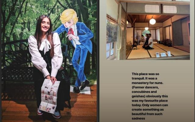 Sonam Kapoor at Kyoto International Manga Museum (left) and with Anand at a monastery. Sonam Kapoor at Kyoto International Manga Museum (left) and with Anand at a monastery.