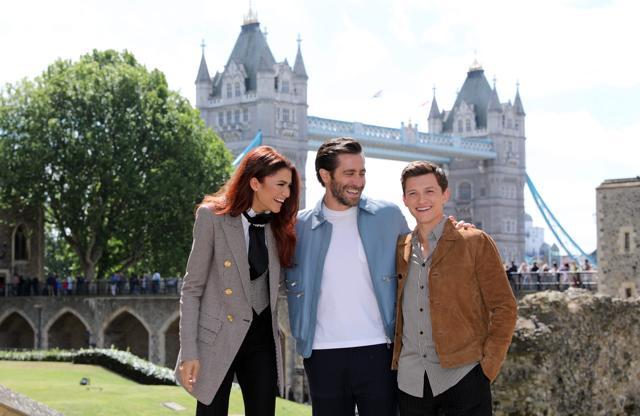 Actors Zendaya (L), Jake Gyllenhaal (C) and Tom Holland pose during a photocall for their latest film Spider-Man: Far From Home at the Tower of London, backdropped by London's Tower Bridge. (AFP) Actors Zendaya (L), Jake Gyllenhaal (C) and Tom Holland pose during a photocall for their latest film Spider-Man: Far From Home at the Tower of London, backdropped by London's Tower Bridge. (AFP)