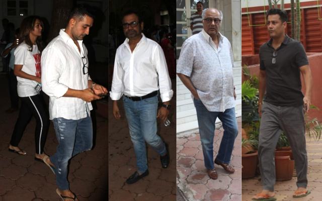 Amrita Arora with husband Shakeel Ladak, Anees Bazmee, Boney Kapoor and Abhishek Kapoor at Justine’s prayer meet. (Varinder Chawla) Amrita Arora with husband Shakeel Ladak, Anees Bazmee, Boney Kapoor and Abhishek Kapoor at Justine’s prayer meet. (Varinder Chawla)