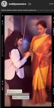 Sameera Reddy shines in a Kanjeevaram sari at her baby shower