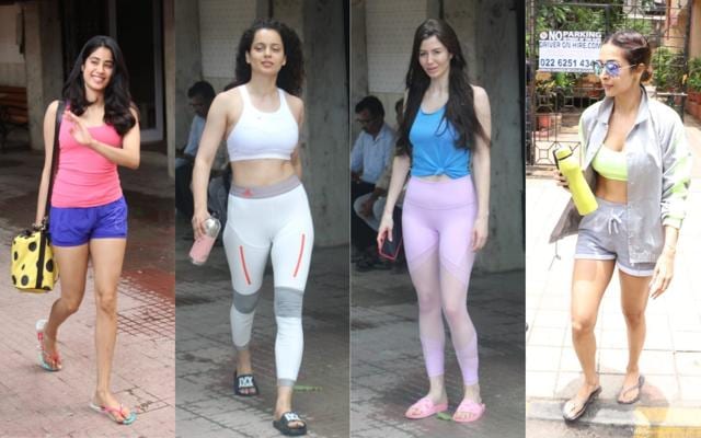 Janhvi Kapoor, Kangana Ranaut, Giorgia Andriani and Malaika Arora at the gym. (Varinder Chawla) Janhvi Kapoor, Kangana Ranaut, Giorgia Andriani and Malaika Arora at the gym. (Varinder Chawla)