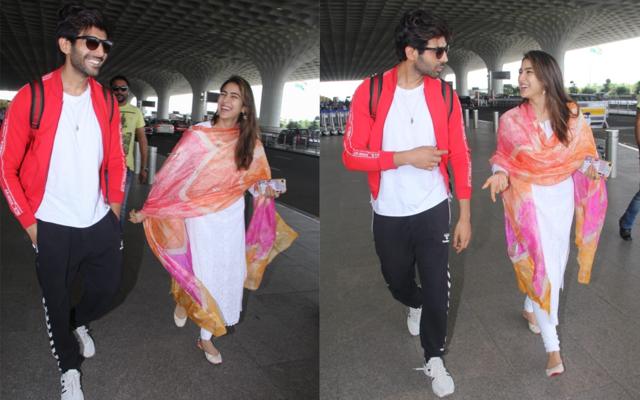 Kartik Aaryan and Sara Ali Khan at the airport. (Varinder Chawla) Kartik Aaryan and Sara Ali Khan at the airport. (Varinder Chawla)