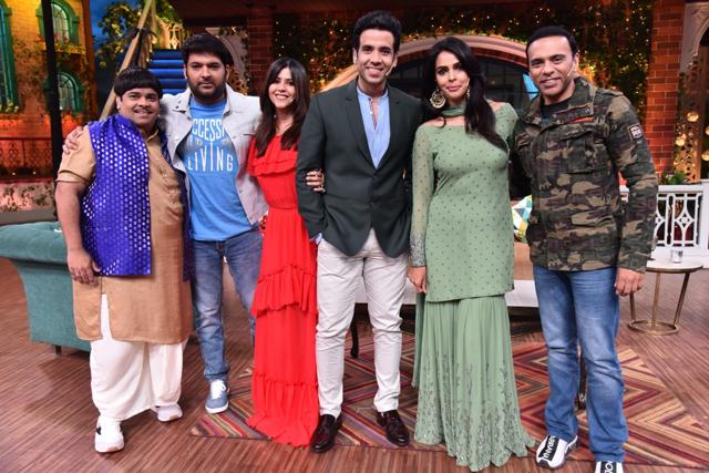Kiku Sharda, Kapil Sharma, Ekta Kapoor, Tusshar Kapoor, Mallika Sherawat and Farhad Samji on The Kapil Sharma Show. Kiku Sharda, Kapil Sharma, Ekta Kapoor, Tusshar Kapoor, Mallika Sherawat and Farhad Samji on The Kapil Sharma Show.