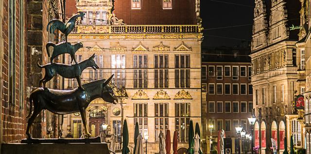 There are references to the ‘Town musicians of Bremen’ all over that city. A bronze statue of the donkey, dog, cat and hen by Gerhard Marcks is now an Instagram star in its own right. (Alamy) There are references to the ‘Town musicians of Bremen’ all over that city. A bronze statue of the donkey, dog, cat and hen by Gerhard Marcks is now an Instagram star in its own right. (Alamy)