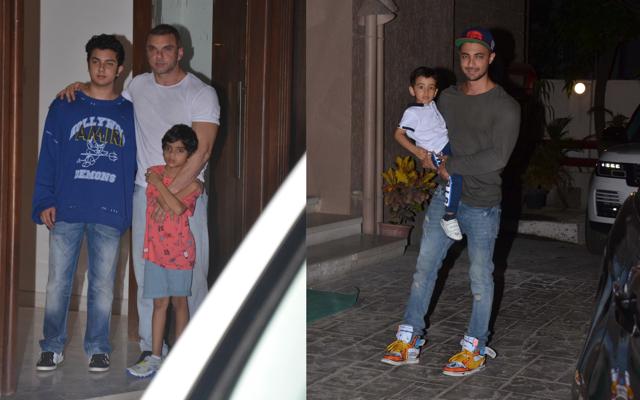 Sohail Khan with sons Yohaan and Nirvaan and Aayush Sharma with son Ahil at Arbaaz Khan’s residence. (Varinder Chawla) Sohail Khan with sons Yohaan and Nirvaan and Aayush Sharma with son Ahil at Arbaaz Khan’s residence. (Varinder Chawla)