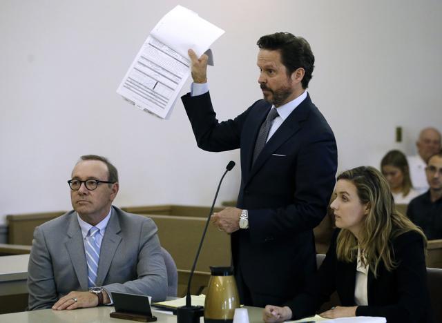 Kevin Spacey, left, sits beside attorney Alan Jackson addressing the court in a pretrial hearing on Monday. (AP) Kevin Spacey, left, sits beside attorney Alan Jackson addressing the court in a pretrial hearing on Monday. (AP)