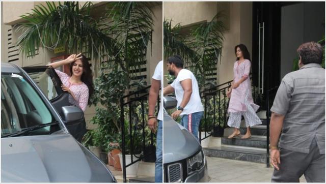 Rhea Chakraborty outside Sushant Singh Rajput’s home.