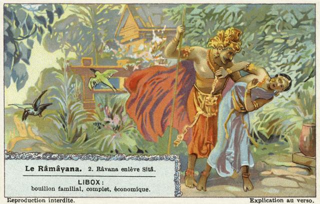 A Liebig collectors’ card from 1931 depicting the kidnapping of Sita. (Getty Images) A Liebig collectors’ card from 1931 depicting the kidnapping of Sita. (Getty Images)