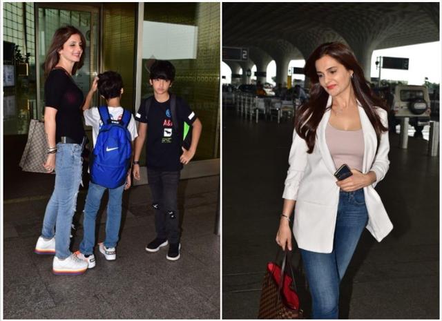 Sussanne Khan with her sons and Monica Bedi at airport.