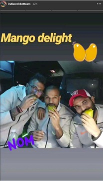 Cricketers Yuzvendra Chahal, Shikhar Dhawan, and Mohammad Shami in a candid pose while relishing mangoes. (Instagram/indiancricketteam) Cricketers Yuzvendra Chahal, Shikhar Dhawan, and Mohammad Shami in a candid pose while relishing mangoes. (Instagram/indiancricketteam)