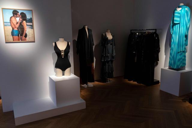 Dresses and outfits from the wardrobe of Italian actress Claudia Cardinale, celebrating Italian fashion from the late 1950s to the early 1980s, are displayed at the Sotheby's showroom auction house, in Paris, on July 1, 2019, ahead of the auction. (Photo by Lionel BONAVENTURE / AFP) (AFP)