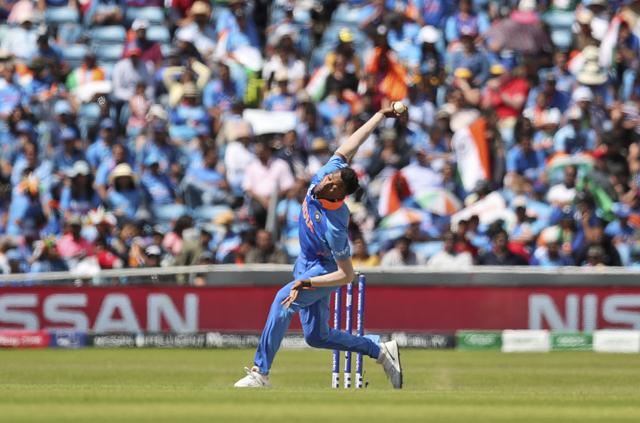 India's Hardik Pandya bowls during the Cricket World Cup match between India and Sri Lanka at Headingley in Leeds, England, Saturday, July 6, 2019. (AP) India's Hardik Pandya bowls during the Cricket World Cup match between India and Sri Lanka at Headingley in Leeds, England, Saturday, July 6, 2019. (AP)