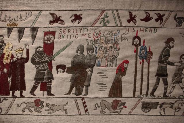 Embroidered scenes on the tapestry depicting the hit television series Game of Thrones are on show at the Ulster Museum in Belfast. (AFP) Embroidered scenes on the tapestry depicting the hit television series Game of Thrones are on show at the Ulster Museum in Belfast. (AFP)