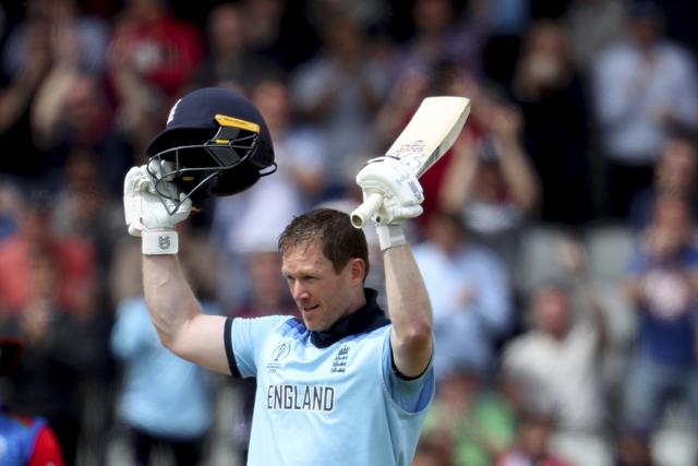 England's captain Eoin Morgan raises his bat. (AP) England's captain Eoin Morgan raises his bat. (AP)