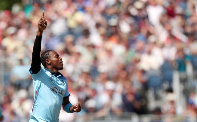 ICC Cricket World Cup - England v New Zealand - Emirates Riverside, Chester-Le-Street, Britain - July 3, 2019 England's Jofra Archer celebrates taking the wicket of New Zealand's Martin Guptill (Action Images via Reuters) ICC Cricket World Cup - England v New Zealand - Emirates Riverside, Chester-Le-Street, Britain - July 3, 2019 England's Jofra Archer celebrates taking the wicket of New Zealand's Martin Guptill (Action Images via Reuters)