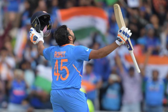 India's Rohit Sharma celebrates after reaching his century during the 2019 Cricket World Cup group stage match between Sri Lanka and India at Headingley in Leeds, northern England, on July 6, 2019. (AFP) India's Rohit Sharma celebrates after reaching his century during the 2019 Cricket World Cup group stage match between Sri Lanka and India at Headingley in Leeds, northern England, on July 6, 2019. (AFP)