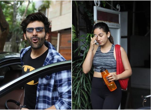 Kartik Aaryan outside an office and Mira Rajput outside a gym.