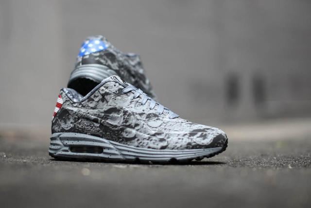 To mark the 45th anniversary of the landing, Nike released limited-edition sneakers with a moon crater print drawn from real photographs. To mark the 45th anniversary of the landing, Nike released limited-edition sneakers with a moon crater print drawn from real photographs.