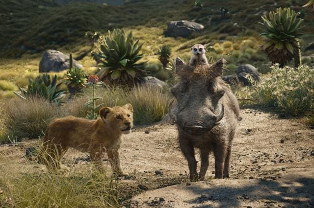 Young Simba, voiced by JD McCrary, Timon, voiced by Billy Eichner, and Pumbaa, voiced by Seth Rogen, in a scene from The Lion King. (AP) Young Simba, voiced by JD McCrary, Timon, voiced by Billy Eichner, and Pumbaa, voiced by Seth Rogen, in a scene from The Lion King. (AP)
