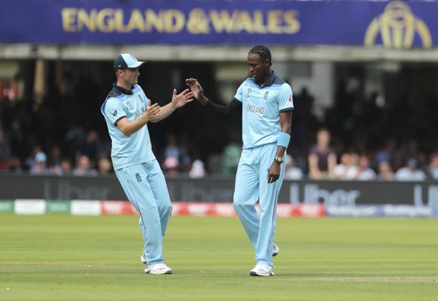England's Jofra Archer celebrates with teammates. (AP) England's Jofra Archer celebrates with teammates. (AP)