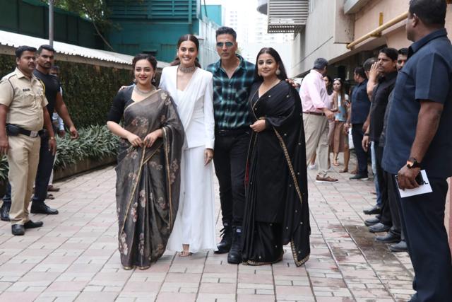 Nithya Menen, Taapsee Pannu, Akshay Kumar and Vidya Balan at the Mission Mangal trailer launch. (Varinder Chawla)