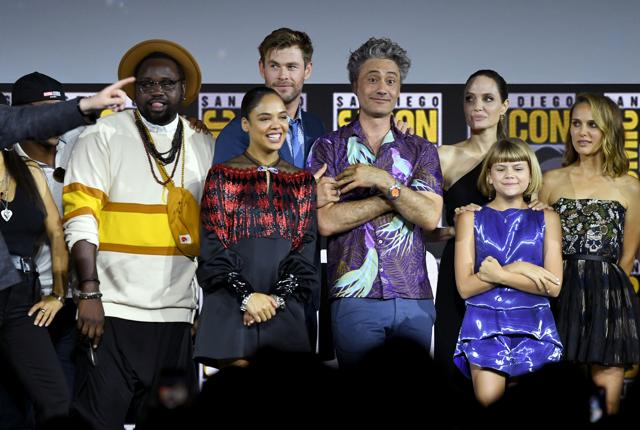 Brian Tyree Henry, Tessa Thompson, Chris Hemsworth, Taika Waititi, Angelina Jolie, Lia McHugh and Natalie Portman speak at the Marvel Studios Panel during 2019 Comic-Con. (AFP) Brian Tyree Henry, Tessa Thompson, Chris Hemsworth, Taika Waititi, Angelina Jolie, Lia McHugh and Natalie Portman speak at the Marvel Studios Panel during 2019 Comic-Con. (AFP)