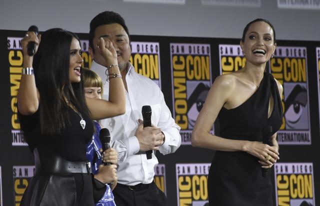 Salma Hayek, from left, Lia McHugh, Don Lee and Angelina Jolie participate in the Marvel Studios panel on day three of Comic-Con. (Chris Pizzello/Invision/AP) Salma Hayek, from left, Lia McHugh, Don Lee and Angelina Jolie participate in the Marvel Studios panel on day three of Comic-Con. (Chris Pizzello/Invision/AP)