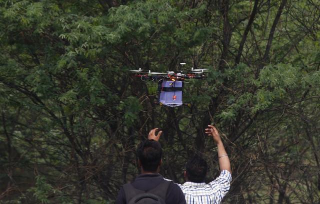 A drone that was used to sprinkle seeds, in Gurugram, on Sunday, July 21, 2019. (Yogendra Kumar/HT PHOTO)